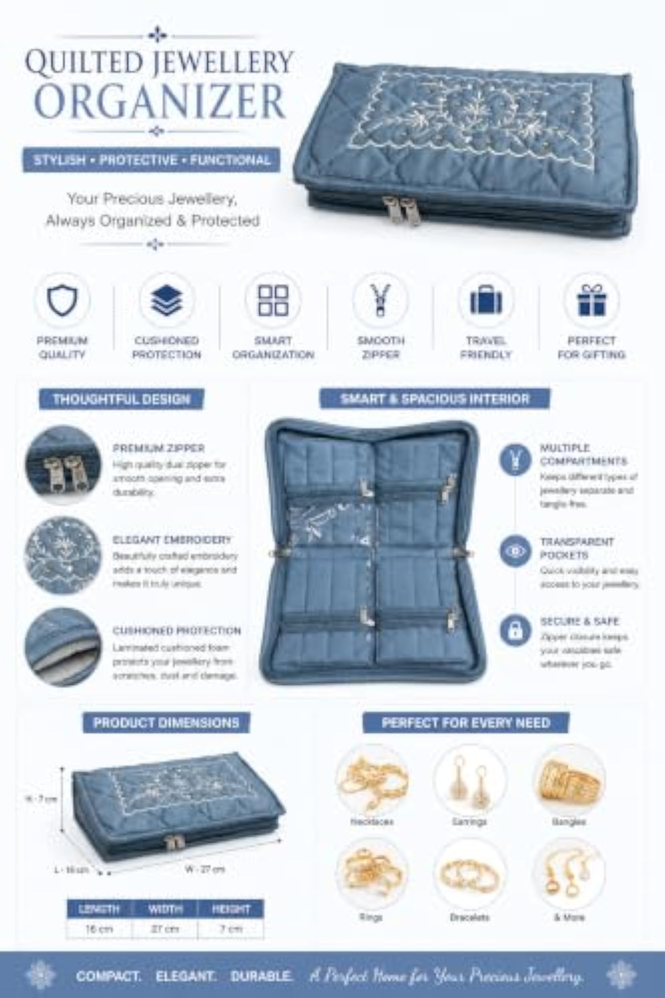 Elegant Jewelry Organizer Box, Premium Quilted Travel Case